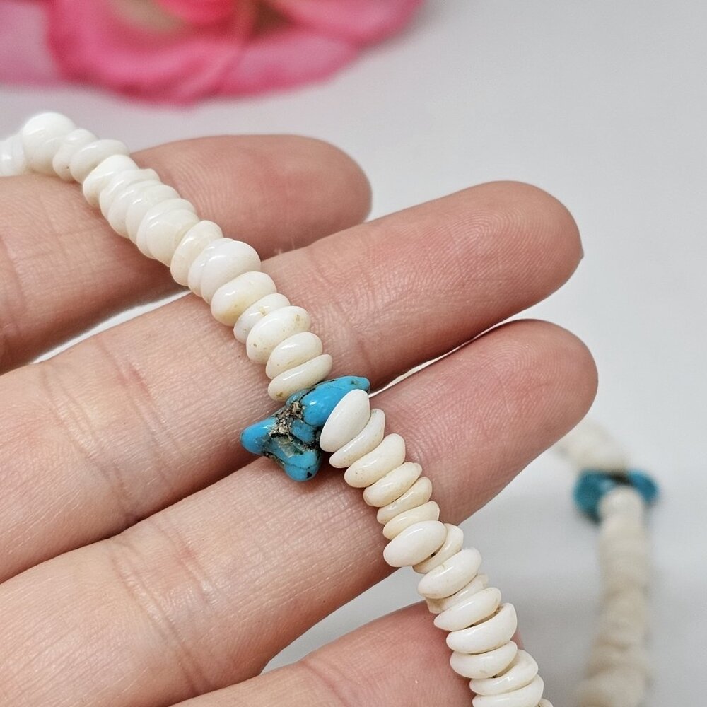 Genuine White Puka Shell Turquoise Nugget Necklac… - image 3